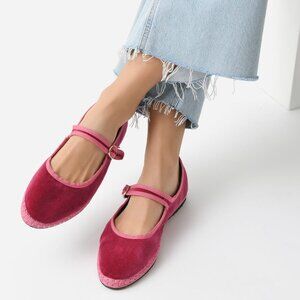 Flabelus Frances Mary Jane Flats Size 37 6 6.5 Raspberry Pink Velvet NEW $165